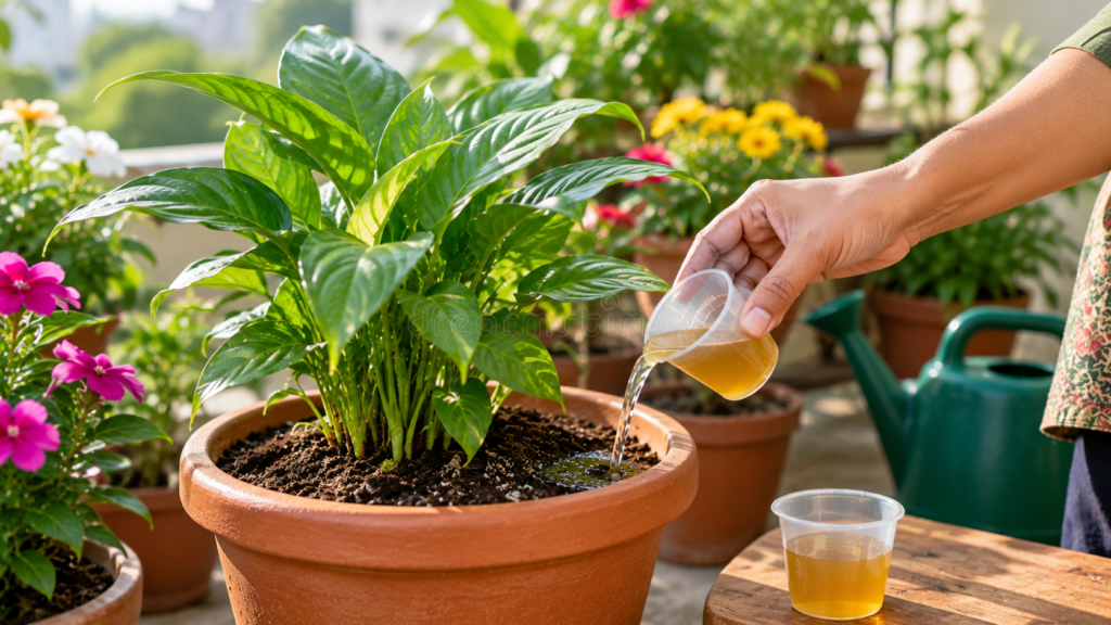 गमले के पौधे में liquid fertilizer डालने का सही तरीका